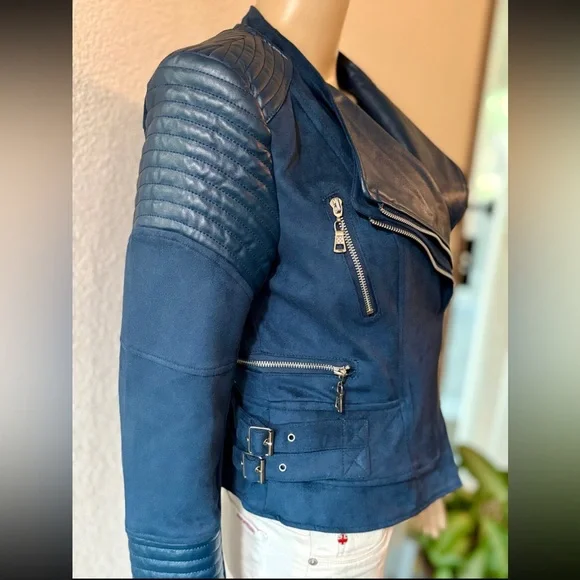 IVORY & CHAIN Women’s Navy Blue Moto-Style ‘Bessy Biker Jacket’ - NWOT - Picture 8 of 10